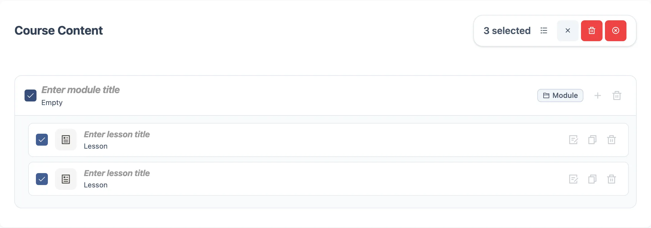 Course Content com seleção em lote ligada: uma barra com a contagem de selecionados ao lado de Select all, Deselect all e Delete selected, com checkbox em cada linha.