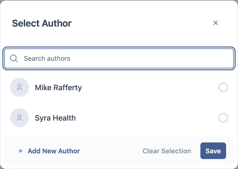 Diálogo de seleção de autor: uma busca acima de uma lista de pessoas com avatar, cada linha selecionável, e um check na selecionada.