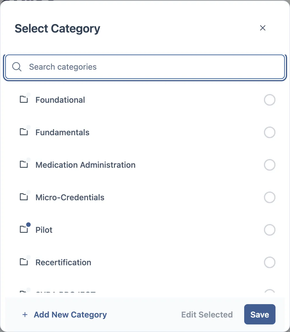 Diálogo de seleção de categoria: uma busca acima da lista de categorias, cada uma com ícone de pasta e um círculo de seleção.