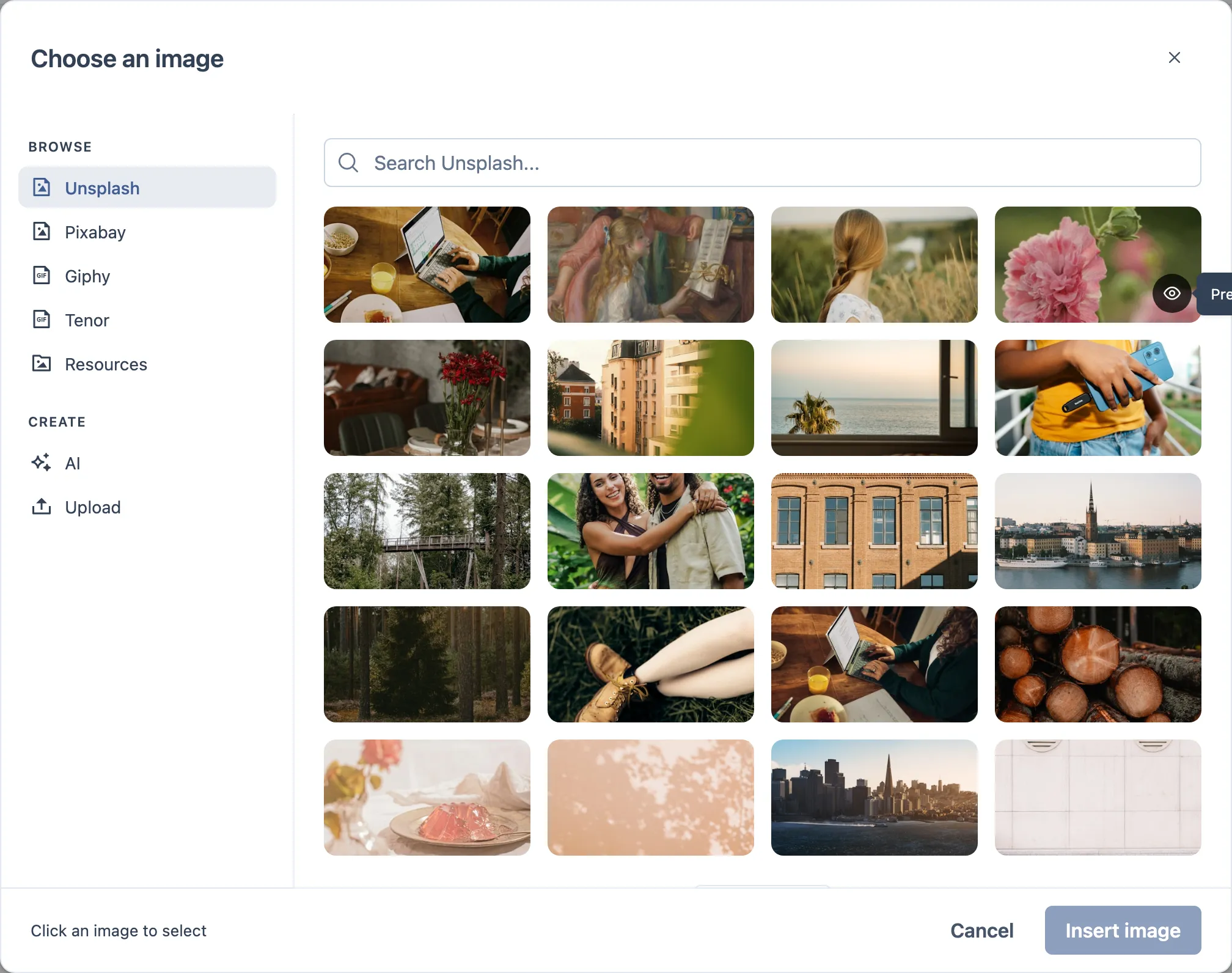 Diálogo Choose an image: lista Browse com Unsplash, Pixabay, Giphy, Tenor e Resources, lista Create com AI e Upload, um campo de busca e uma grade de fotos, com os botões Cancel e Insert image.