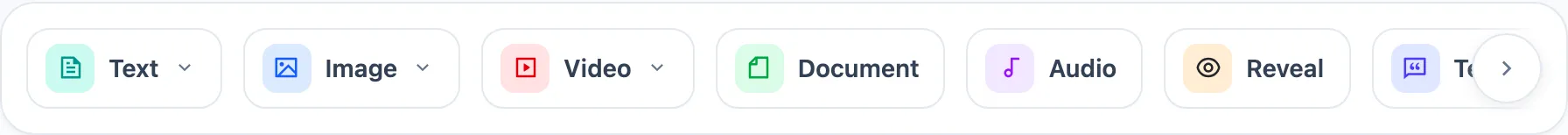 Barra de adicionar bloco: pílulas de Text, Image, Video, Document, Audio, Reveal e mais, cada uma com ícone colorido, e uma seta de rolagem à direita.
