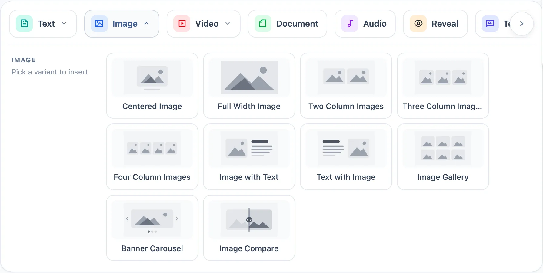 Pílula Image expandida, com dez cartões de variante incluindo Centered Image, Full Width Image, layouts em coluna, Image with Text, Image Gallery, Banner Carousel e Image Compare.