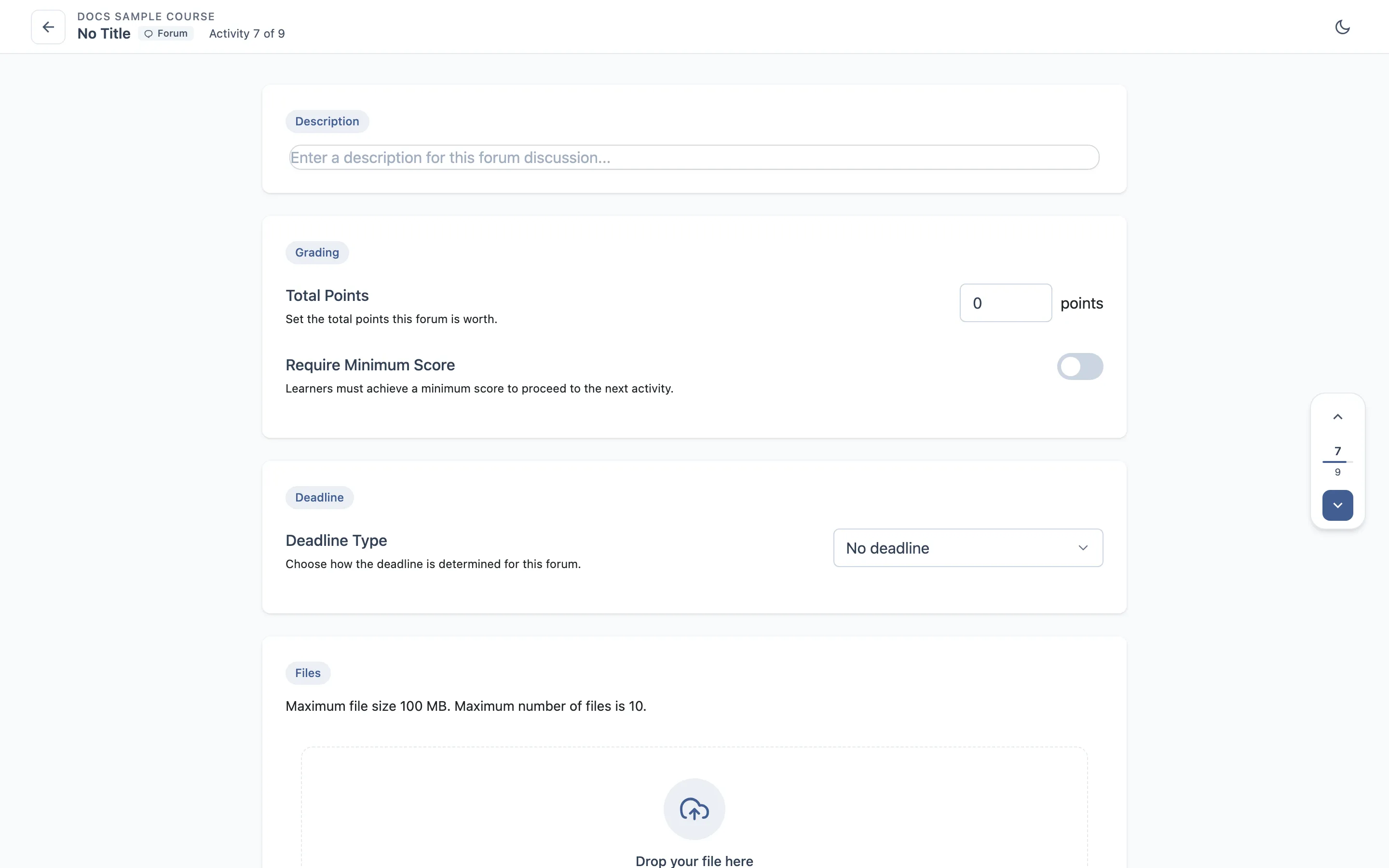 Editor de fórum: a descrição, mídia anexada, o prazo e as configurações de nota.