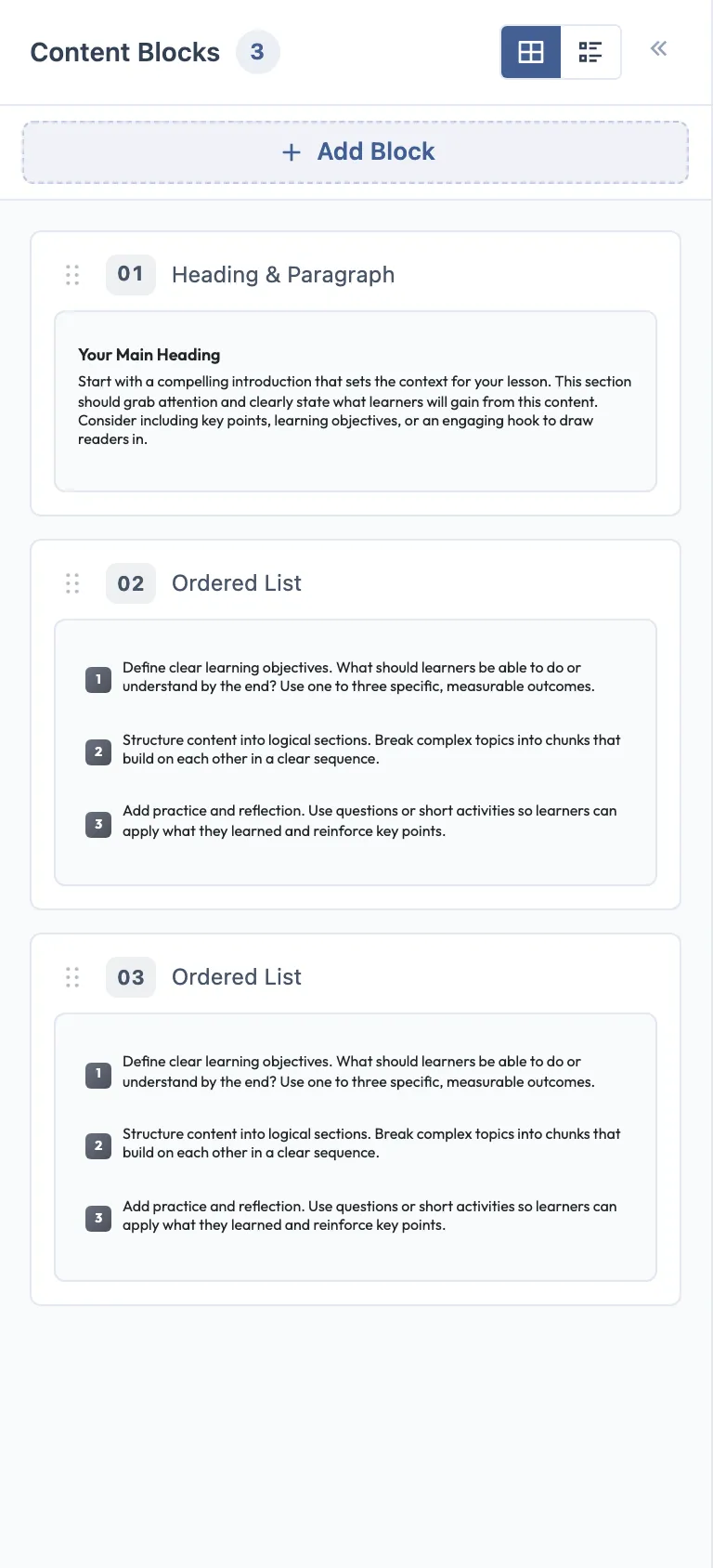 Sidebar Content Blocks: cabeçalho escrito Content Blocks com contagem 3, botões de visão em grade e lista, um controle de recolher, um botão Add Block, e três cartões cada um com alça de arraste, número de índice, nome da variante e prévia.
