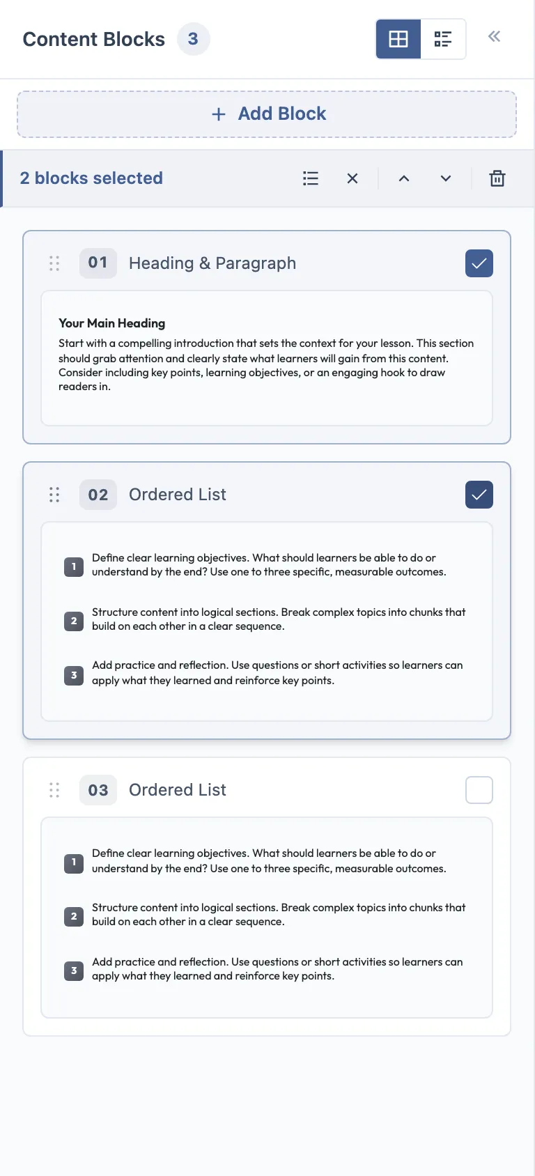 A mesma sidebar com dois dos três blocos marcados: uma barra escrita 2 blocks selected, com controles de selecionar tudo, desmarcar, mover para cima, mover para baixo e apagar.