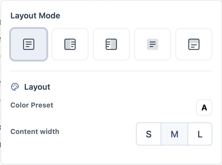 Popover de Layout: uma linha de Layout Mode, uma linha de Color Preset, controles de cor de fundo e de texto com Reset, campos de largura de conteúdo e padding.