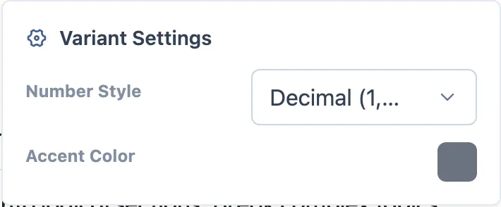 Popover de Settings de um bloco Ordered List, com as opções de estilo de numeração e cor de destaque.