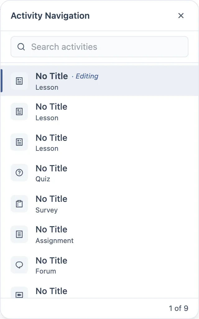 Painel Activity Navigation expandido: um campo de busca, uma lista de atividades cada uma com ícone de tipo, título e nome do tipo, a atual marcada como Editing, e um rodapé escrito 1 of 9.