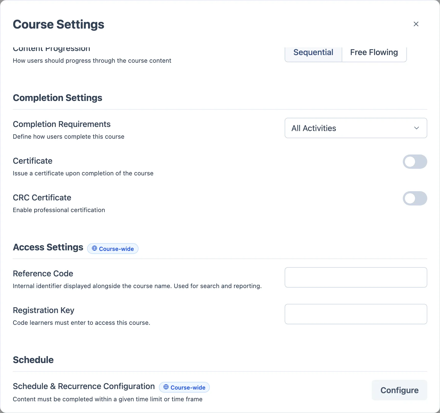 O resto do diálogo: Completion Settings com Completion Requirements, toggles de Certificate e CRC Certificate, depois Access Settings e Schedule, os dois com selo Course-wide.