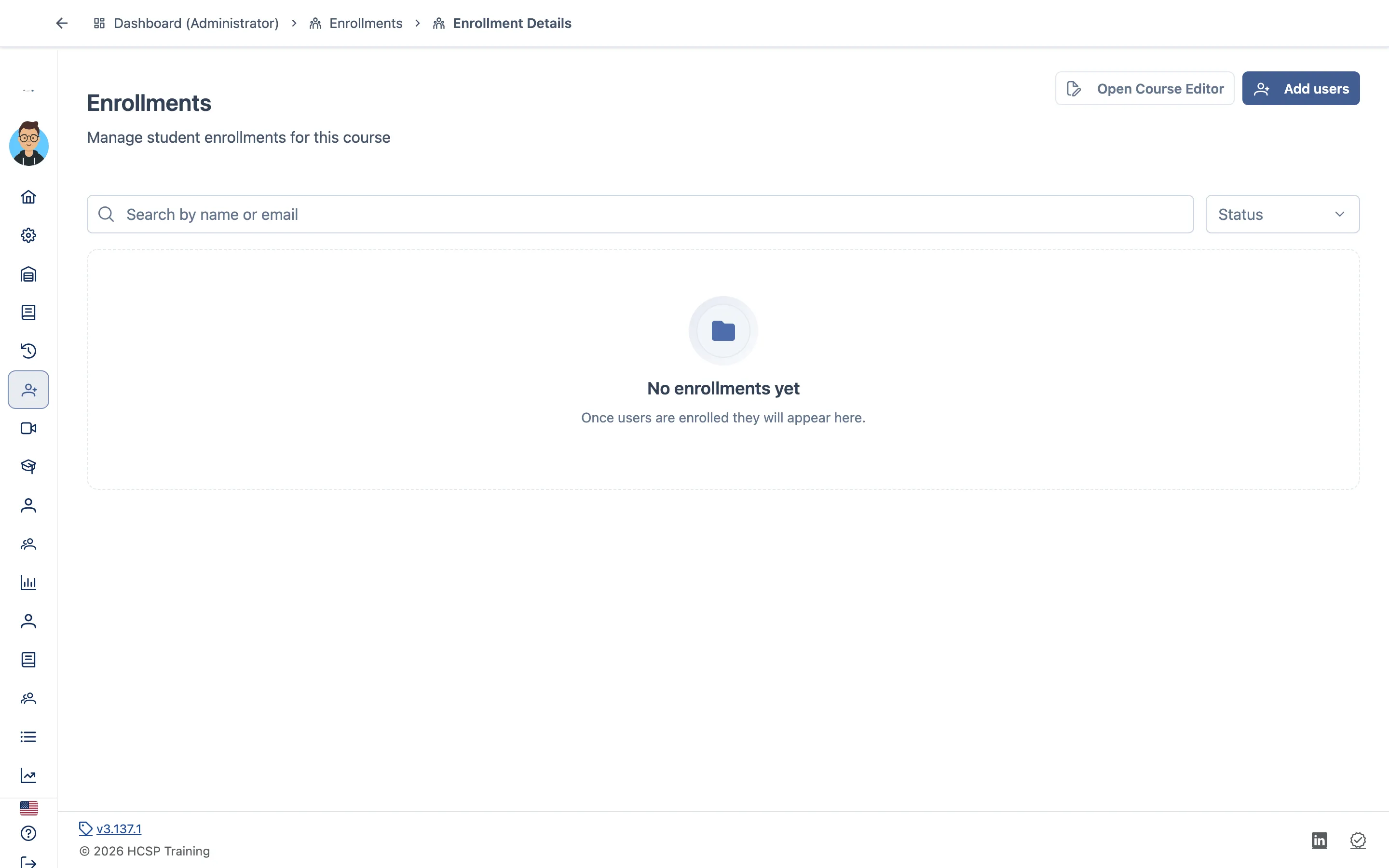 Página Enrollments de um curso: breadcrumb, botões Open Course Editor e Add users, campo de busca, filtro de Status e o estado vazio.